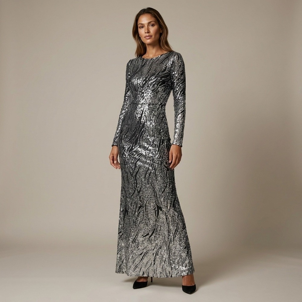 Betsy & Adam Womens Size 8 Silver Black Sequin Long Sleeve MaxiFormal Gown Dress